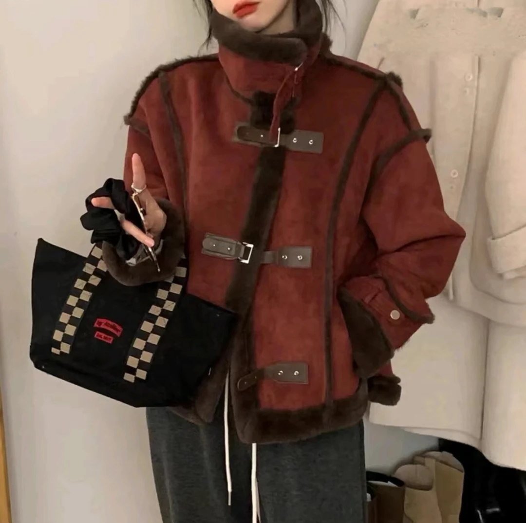 2024立领新款时尚复古加绒加厚翻领百搭秋冬厚外套皮毛一体韩版