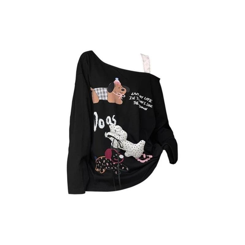 早秋新款甜辣妹宽松百搭上衣女卡通狗狗印花斜肩露肩外穿时尚卫衣