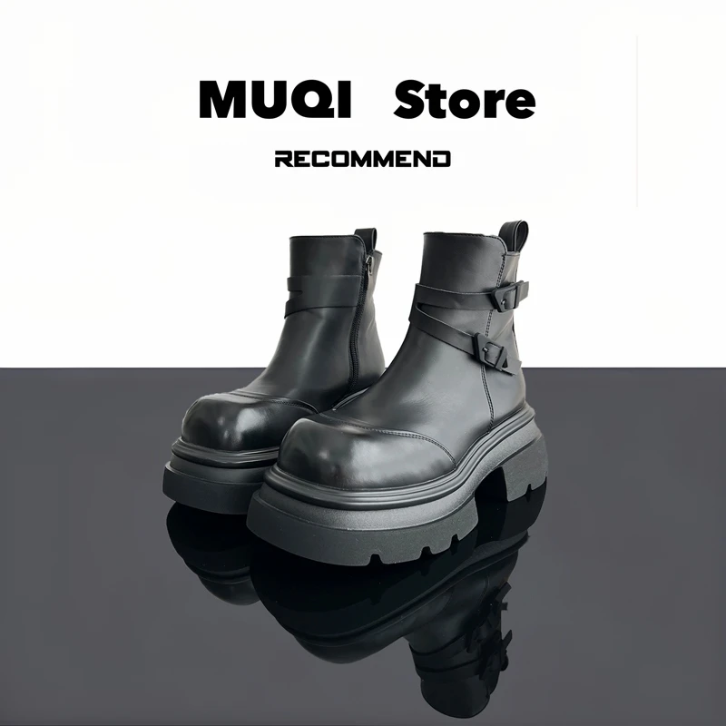 MUQI欧货品质牛皮复古厚底增高短靴时尚百搭马丁靴女