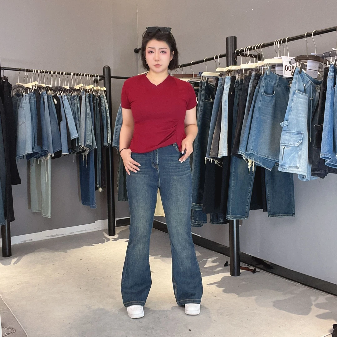 夏季梨形微胖显瘦大码胖MM宽松水洗高腰牛仔裤 68537