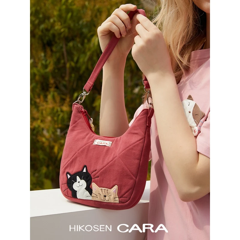 HIKOSEN CARA卡拉猫斜挎包帆布单肩迷你百搭可爱女猫咪粉色小包包