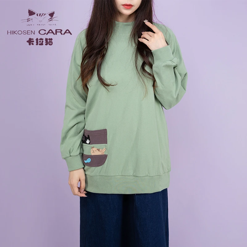 HIKOSEN CARA卡拉猫长袖卫衣秋冬日本设计可爱粉色女圆领宽松上衣