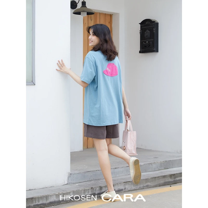 HIKOSEN CARA卡拉猫宽松短袖T恤夏季女学生宽松半袖纯棉蓝色上衣
