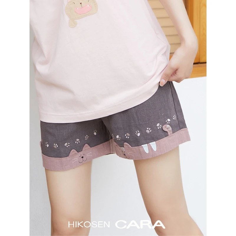HIKOSEN CARA卡拉猫夏季短裤宽松直筒棉麻刺绣休闲卡通女学生裤子