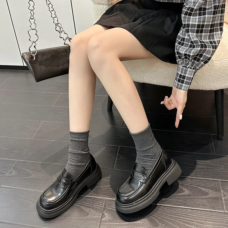 小码31-34小个子英伦风复古擦色厚底懒人乐福鞋女内增高小皮鞋女