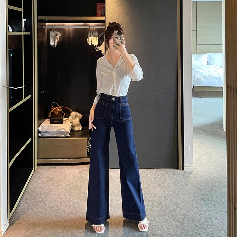 加绒2302丹宁蓝长裤阔腿喇叭牛仔裤女高腰显瘦2024年新款牛仔裤子