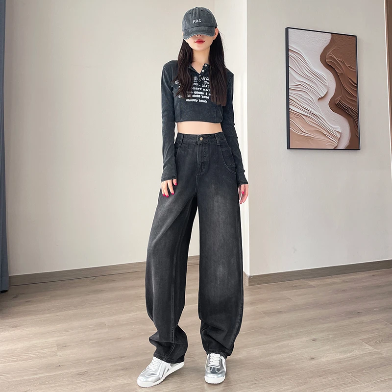 9901美式街头设计高腰牛仔裤阔腿长裤宽松高街辣妹复古显瘦弯刀裤