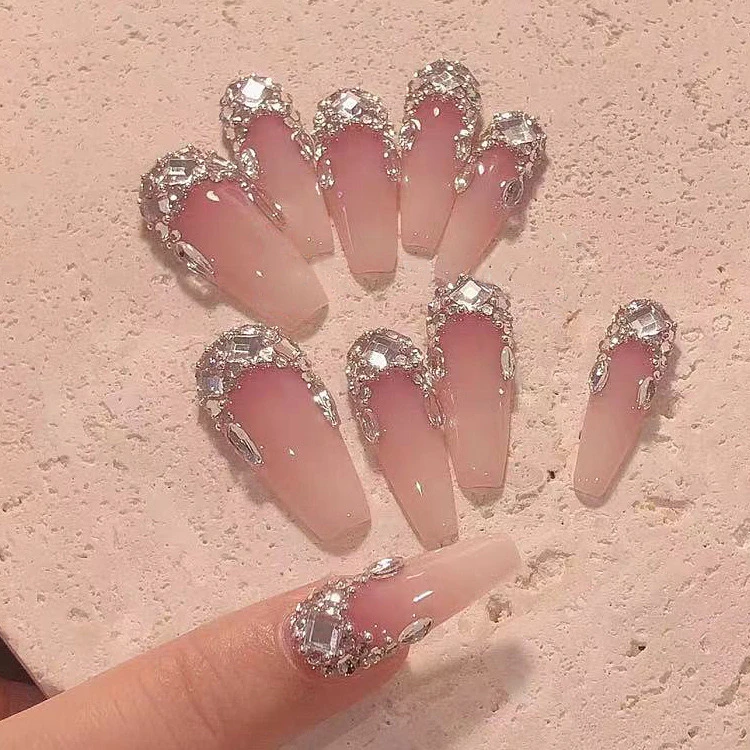 手工穿戴甲高级轻奢爆闪满钻腮红渐变冰透高级质感立体美甲贴片