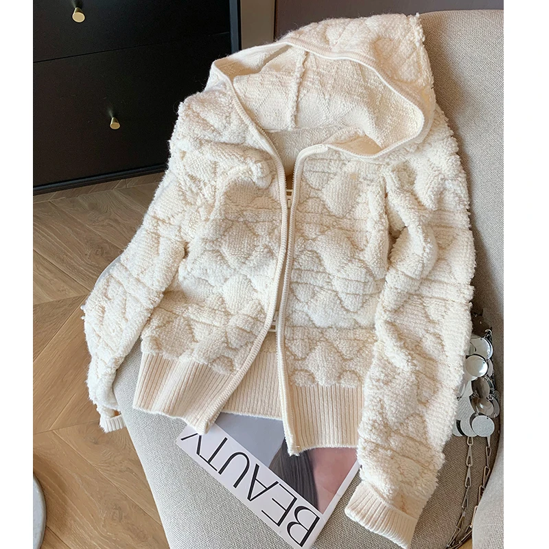 米白色连帽拉链毛衣外套女2024秋冬新款气质加厚慵懒软糯针织开衫