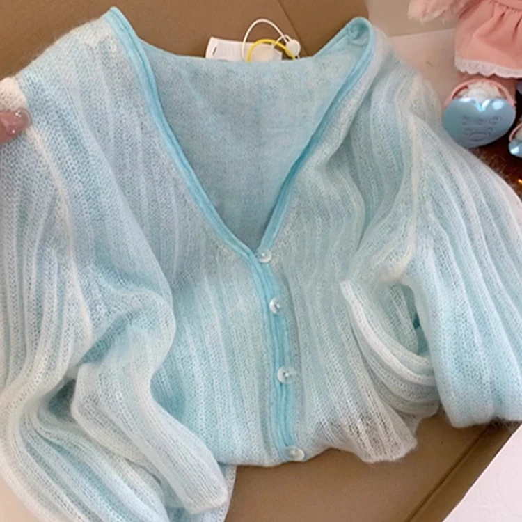 蓝色长袖针织衫时尚百搭春夏薄款宽松假两件短款韩版针织上衣