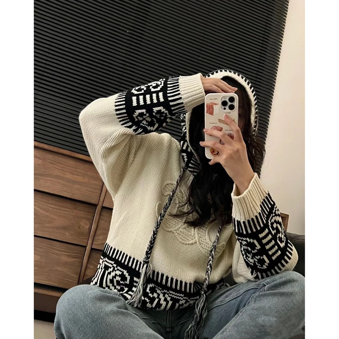 秋冬慵懒风毛衣复古异域小众设计撞色提花宽松条纹套头设计感上衣