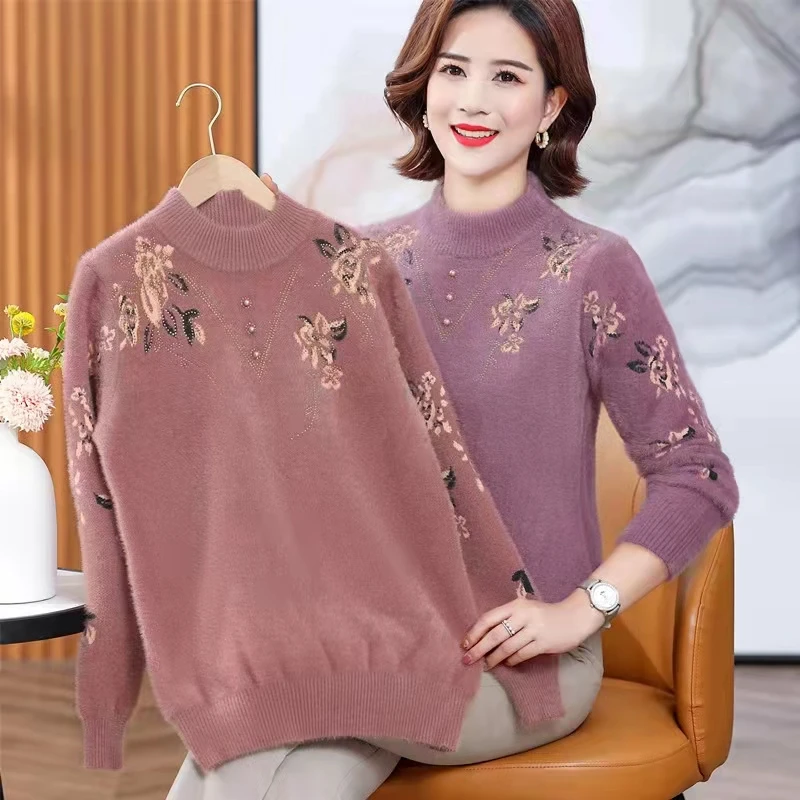 妈妈毛衣女加绒加厚保暖内搭上衣中老年人女秋冬装仿水貂绒打底衫