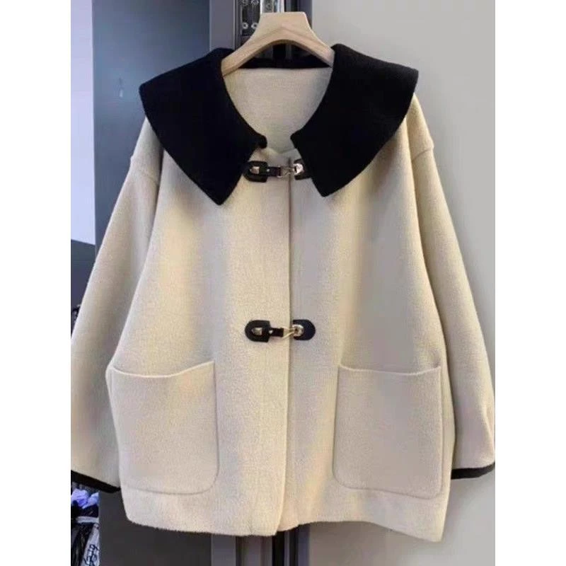 设计感娃娃领毛呢外套女春装新款小香风韩版百搭宽松拼色加厚开衫