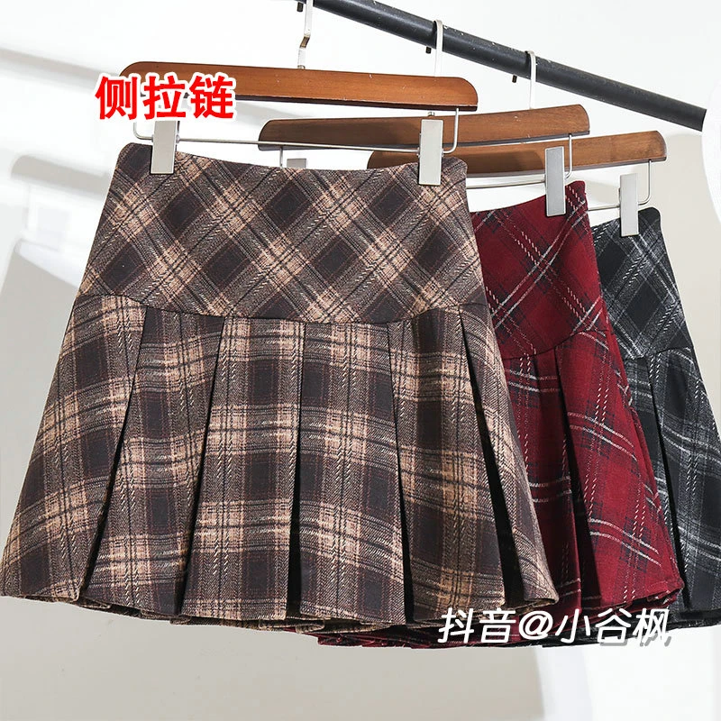 春秋复古毛呢格子百褶半身裙女春秋2025新款小个子显瘦裙子短裙