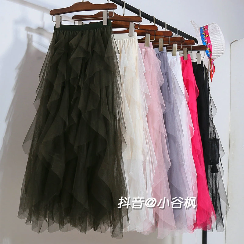 军绿色不规则层层网纱拼接半身裙女2025春夏高腰白色裙子蛋糕长裙