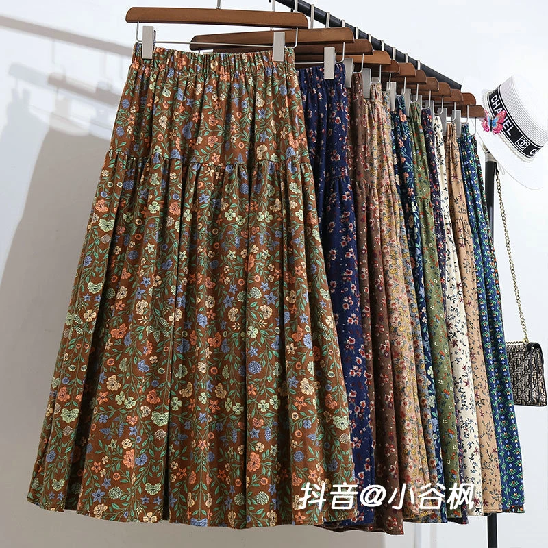 高档磨毛复古文艺碎花棉质半身裙女春季款2025中长款花裙A字半裙