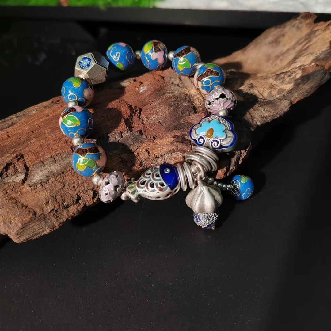 彩云泰 925银手链 纯银景泰蓝重工掐丝珐琅手串约37g秋冬气质蓝色