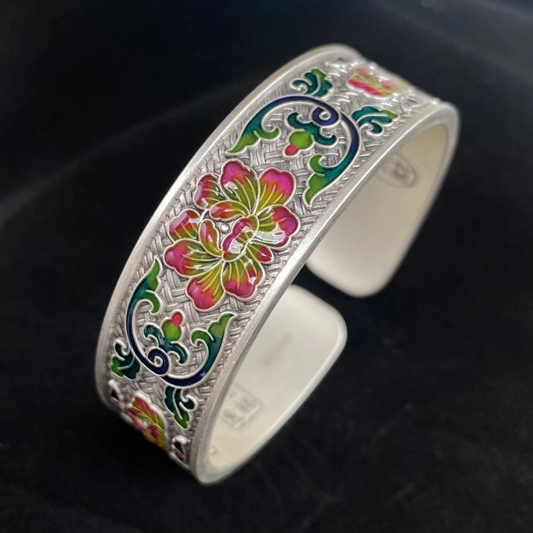 彩云泰 足银手镯 足银999.9珐琅牡丹青花吉言编织纹开口手镯约80g