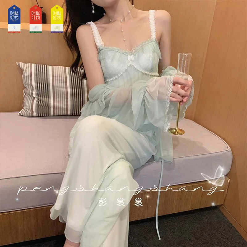 彭裳裳【梦幻香草】睡袍家居服蕾丝显瘦气质网红时尚纯欲韩版