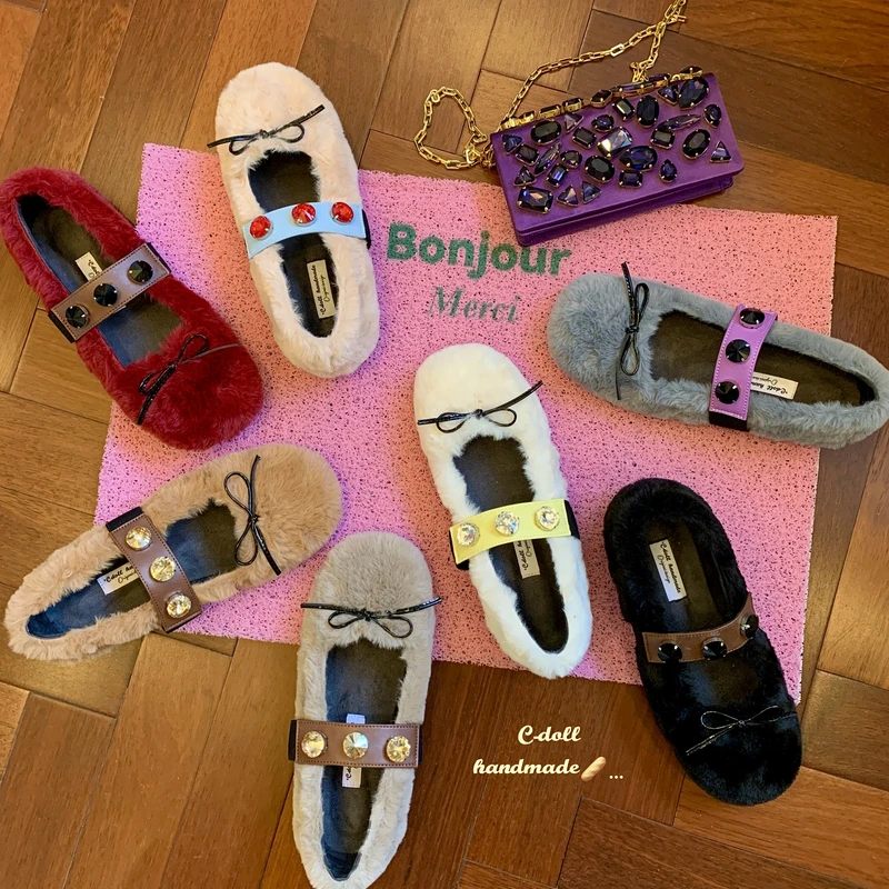 cdollhandmade原创款 宝石bling蝴蝶结玛丽珍一脚蹬毛毛鞋外穿女