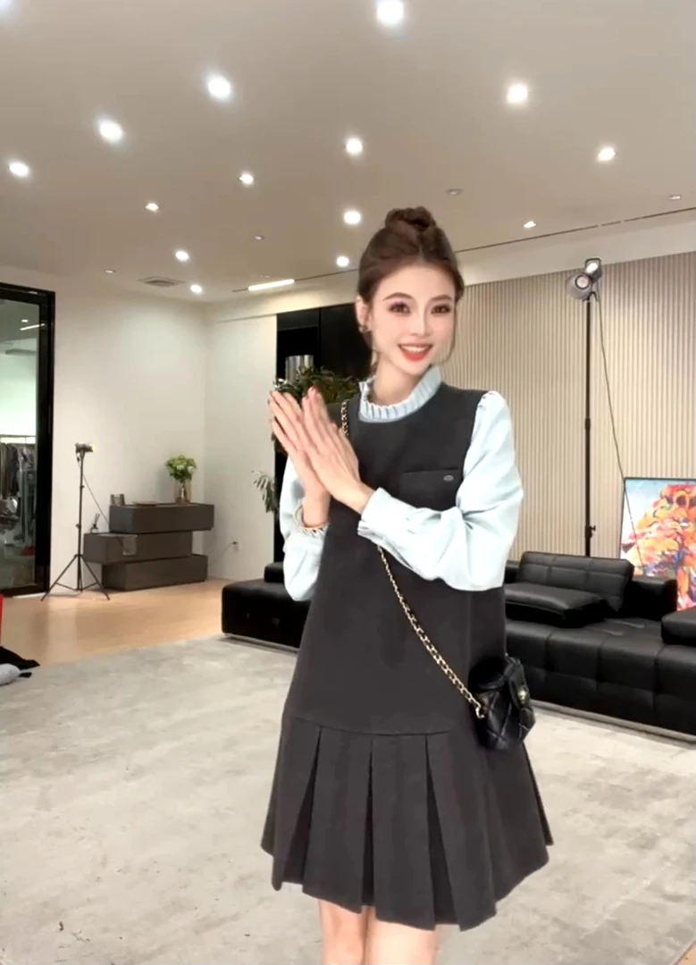 【现货秒发】诗诗严选-法式减龄学院风连衣裙长袖衬衫两件套装17655