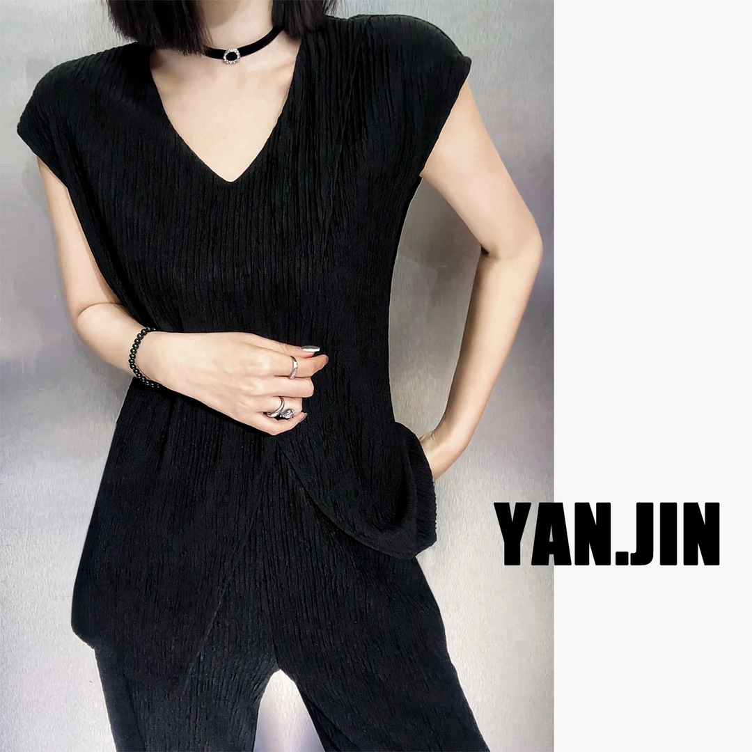 【简约压皱两件套】气质夏季时尚套装 拍上衣送裤子 没口袋- 套装