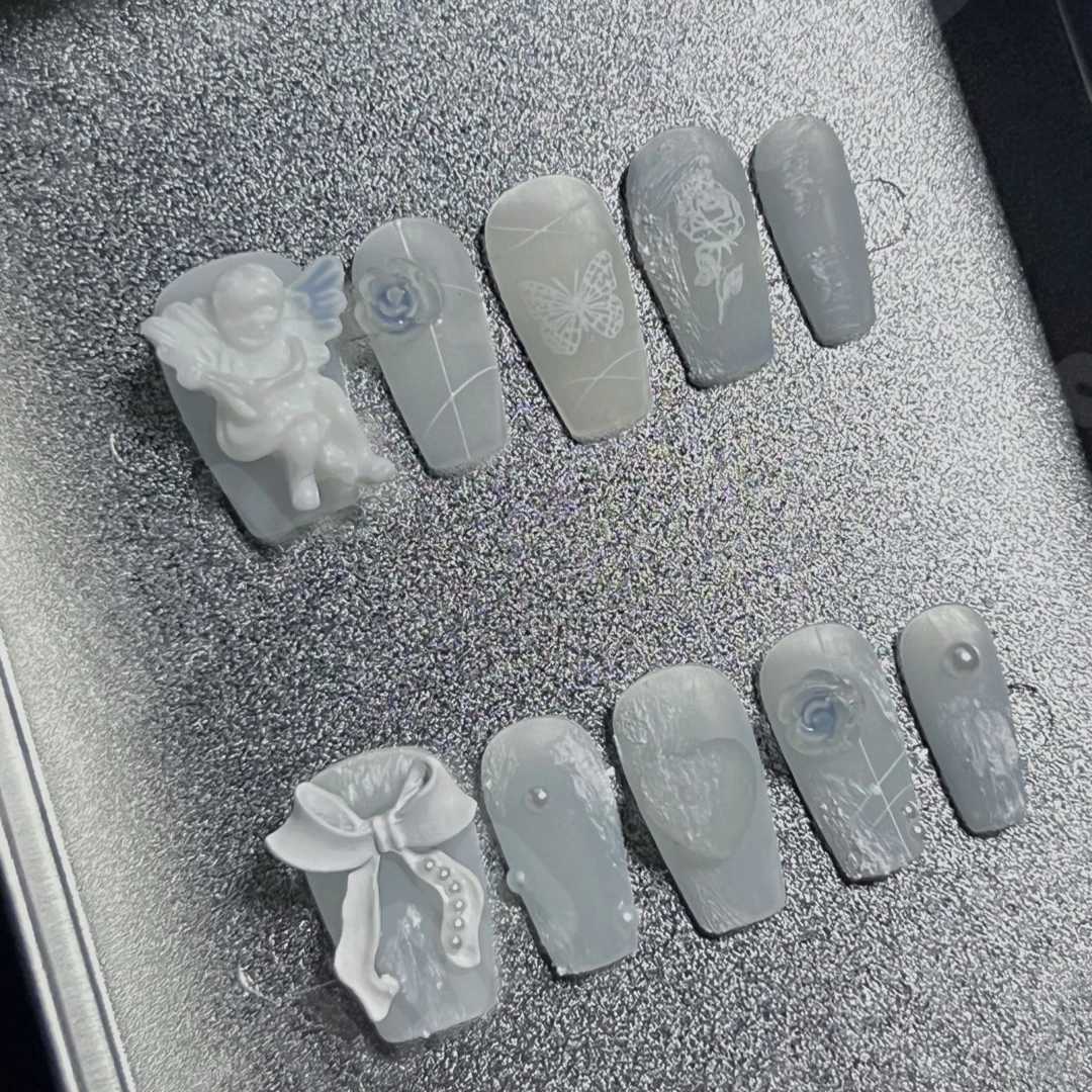 欧美甜妹ins网红清冷雾霾蓝天使手工绘制穿戴甲长梯甲