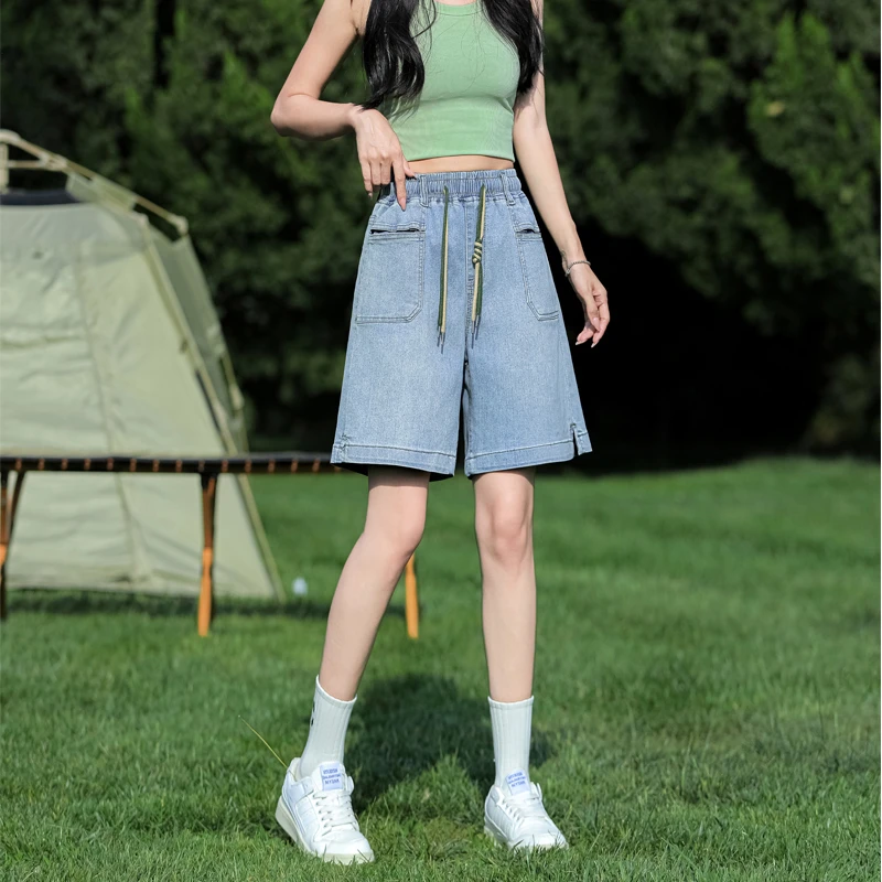 夏季宽松休闲时尚直筒高腰显瘦大码弹力加肥加大松紧腰牛仔短裤女