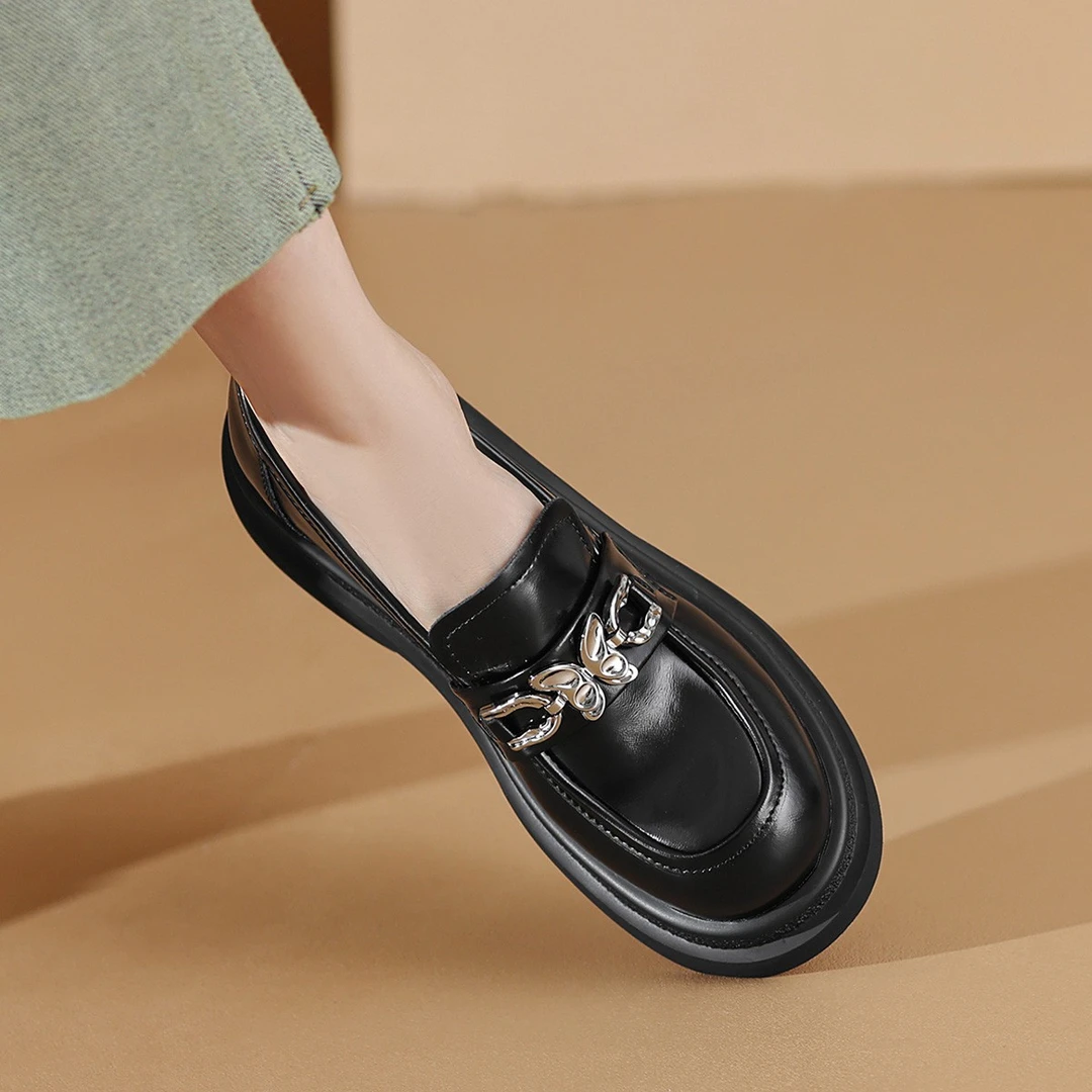 卡美多/5CM中跟乐福鞋乐福鞋单鞋英伦风真皮厚底复古百搭92323