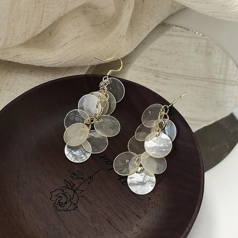 不晚手作 合金贝壳耳饰 法式镜片贝壳长款流苏小众设计圆脸显瘦