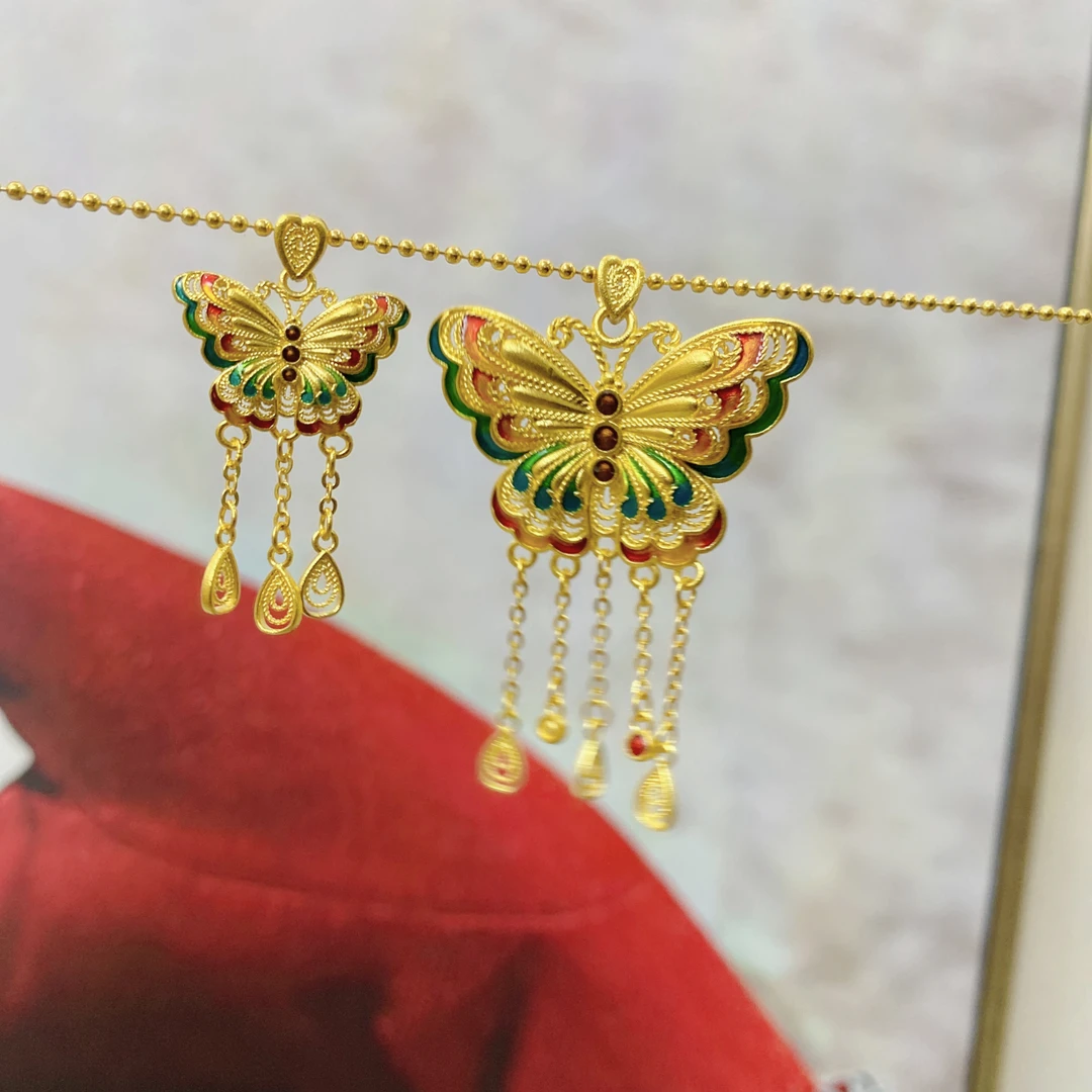 足金999古法花丝色彩斑斓蝴蝶单吊坠