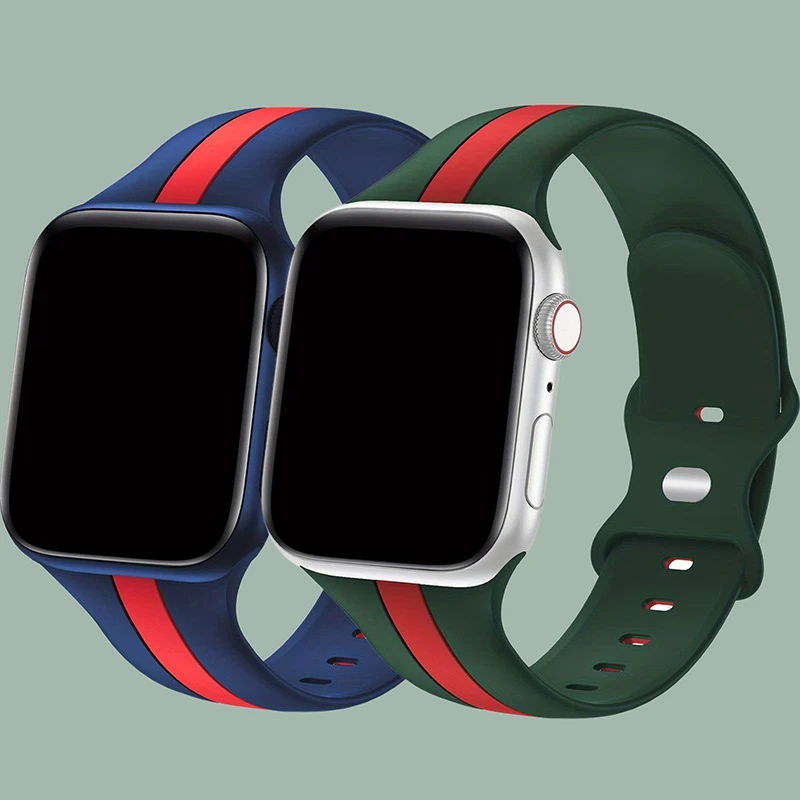 适用AppleWatch撞色硅胶表带iwatch8亲肤条纹表带苹果S9运动腕带