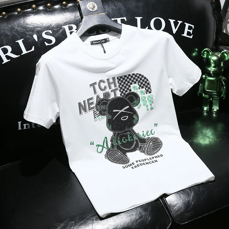 短袖T恤男士ins潮流圆领小熊烫钻夏季新款纯棉体恤百搭国潮上衣男