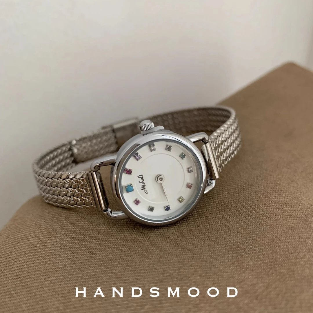 handsmood 彩钻麦穗钢带圆形小表盘气质女士石英手表小众女表