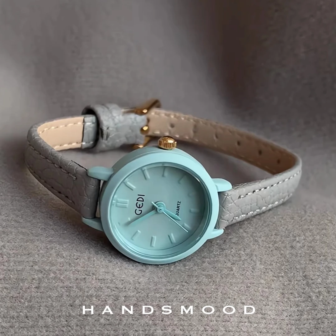 handsmood 低饱和灰蓝色圆形小表盘细带韩风时尚百搭女士手表