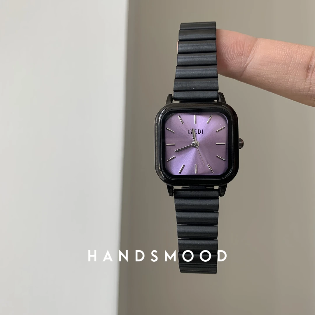 handsmood 黑茶紫色方形小表盘竹节带高级感显白百搭女士手表