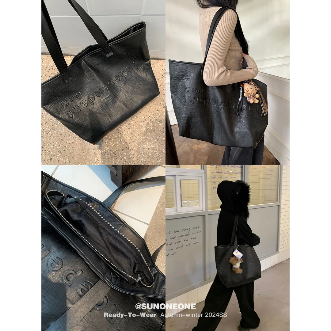 SUNONEONE 黑色高级感秋冬大容量包包女小众潮流设计单肩包D0043S