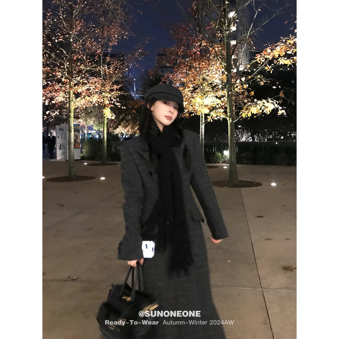 SUNONEONE 千鸟格羊毛长款呢料大衣女冬季加厚收腰毛呢外套H0696W