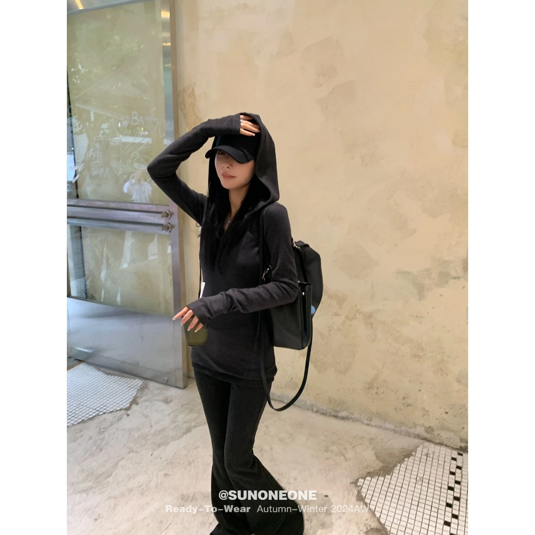 SUNONEONE 针织休闲套装女秋季连帽套头卫衣喇叭裤两件套H0590A