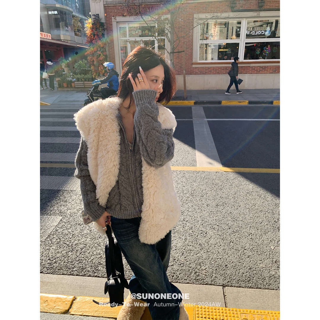 SUNONEONE 氛围感毛毛马甲女冬外穿宽松加厚毛呢上衣外套H0690W