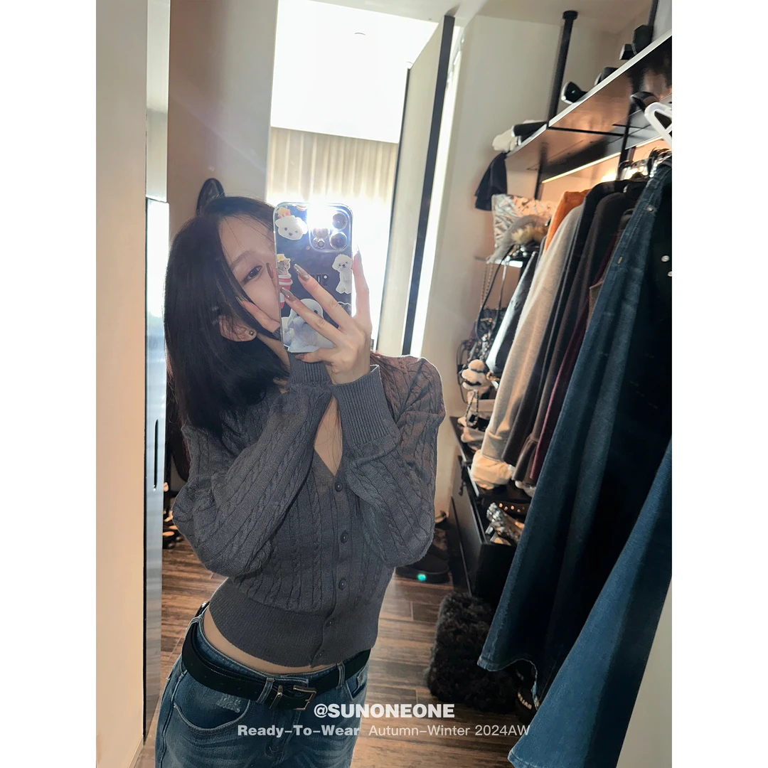 SUNONEONE V领韩系针织开衫女冬复古显瘦扭花灰色气质毛衣H0654Z