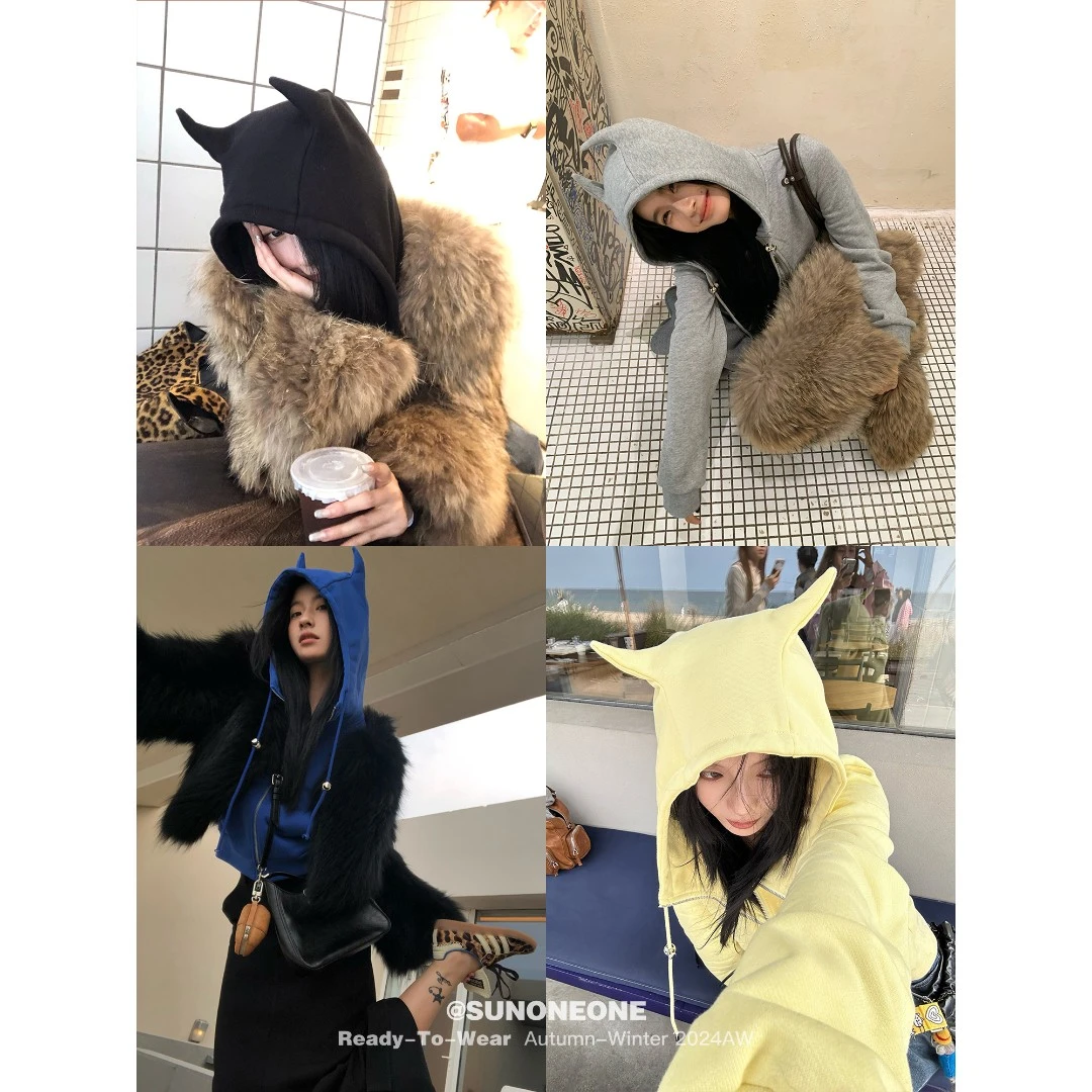 SUNONEONE 拉链小恶魔连帽开衫卫衣女秋小众显瘦修身外套H0591C