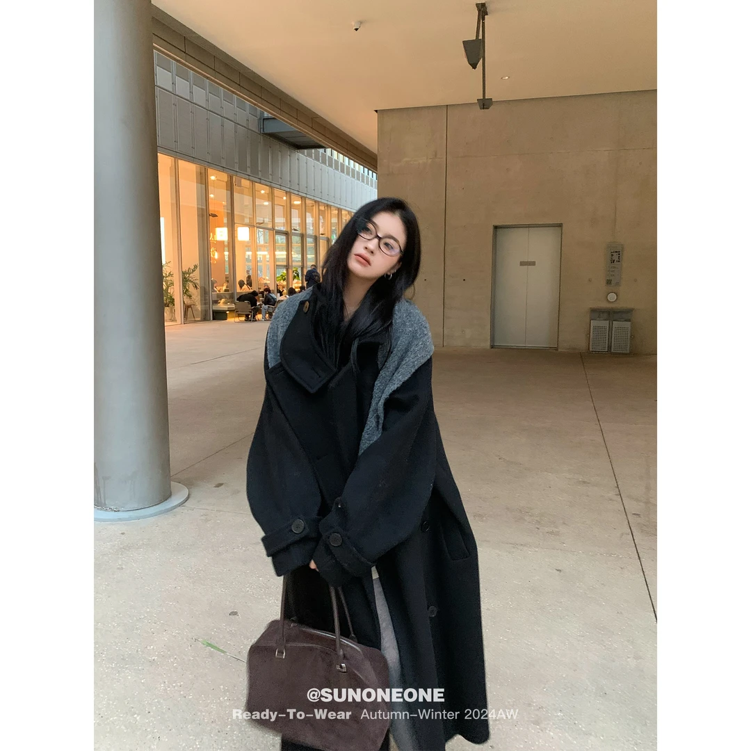 SUNONEONE 长款羊毛呢子大衣女秋冬加厚韩版黑色毛呢外套H0698W