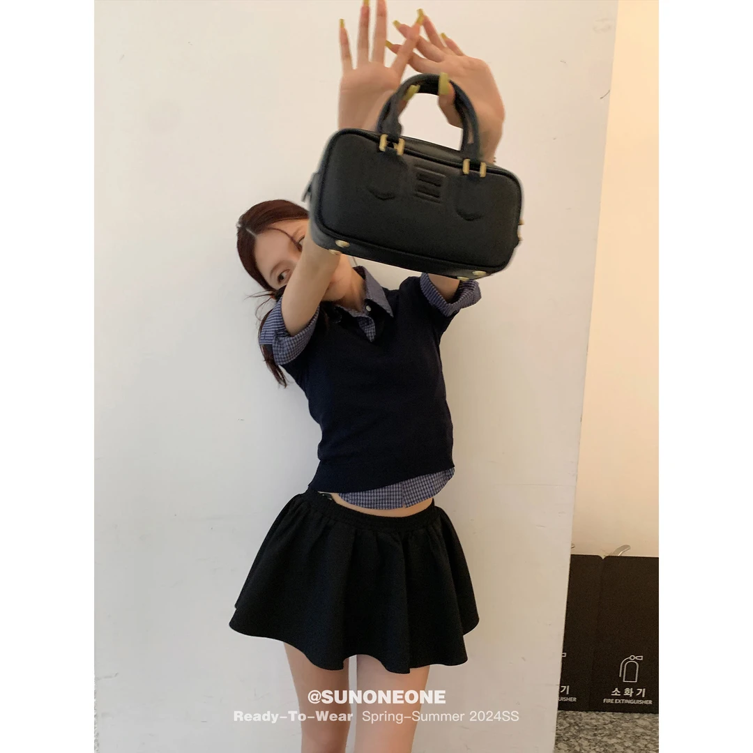 SUNONEONE H0433C 翻领半袖格子衬衫女夏宽松设计感短款蓝色上衣