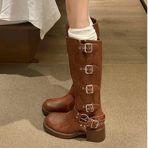 秋季单靴女高筒骑士靴女粗跟百搭气质英伦风中筒洋气机车时装靴女