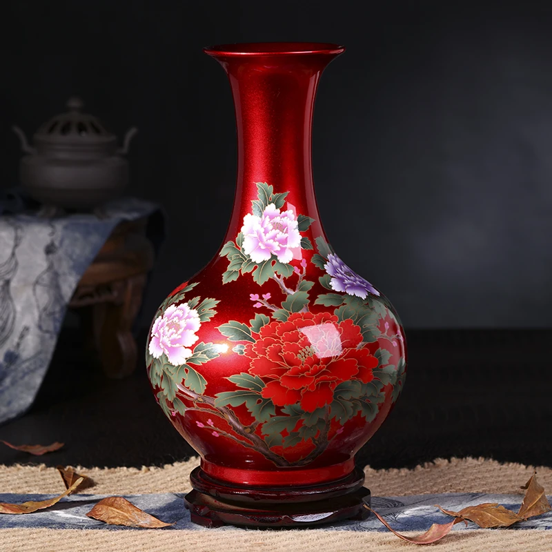 景德镇陶瓷中国红花瓶客厅新中式赏瓶电视柜酒柜装饰品摆件书房