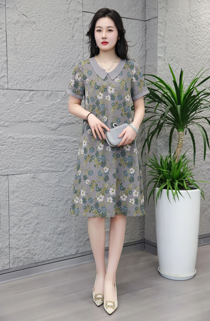 夏季新款娃娃领柔软透气短袖连衣裙宽松连衣裙女装连衣裙W2006#