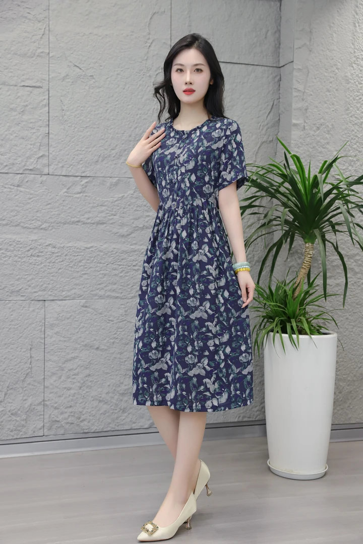 夏季新款木耳领柔软透气短袖连衣裙宽松连衣裙女装碎花K3512#