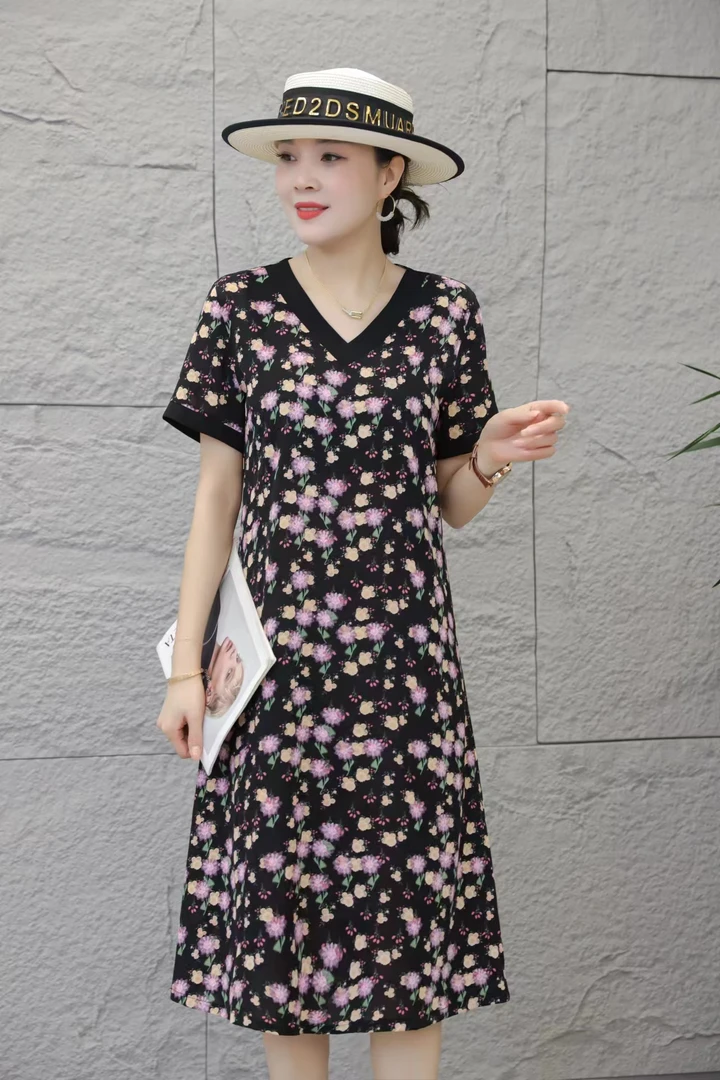 宽松连衣裙女装连衣裙气质大码V领V2049