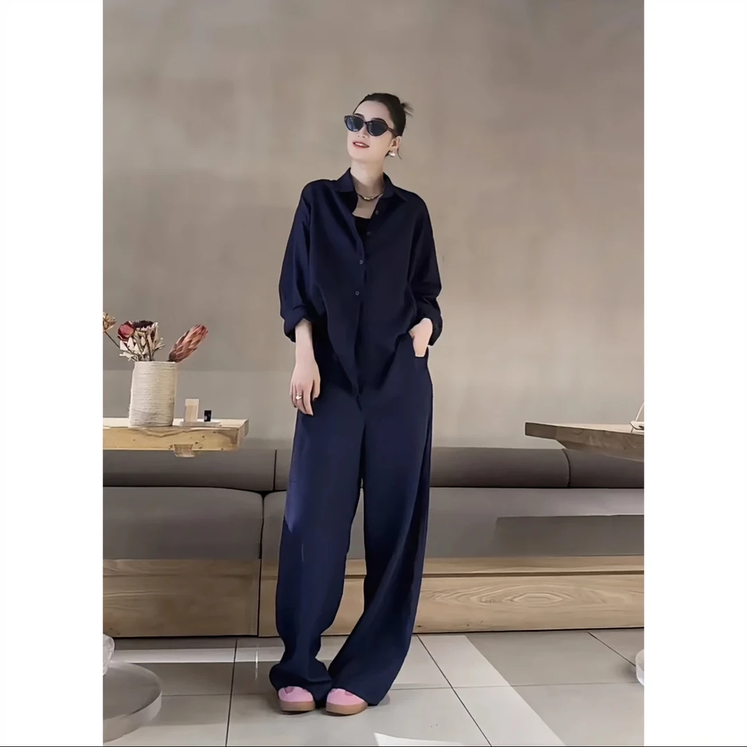 极简风春夏季通勤套装女气质老钱风显瘦宽松衬衫休阔腿裤套装-5
